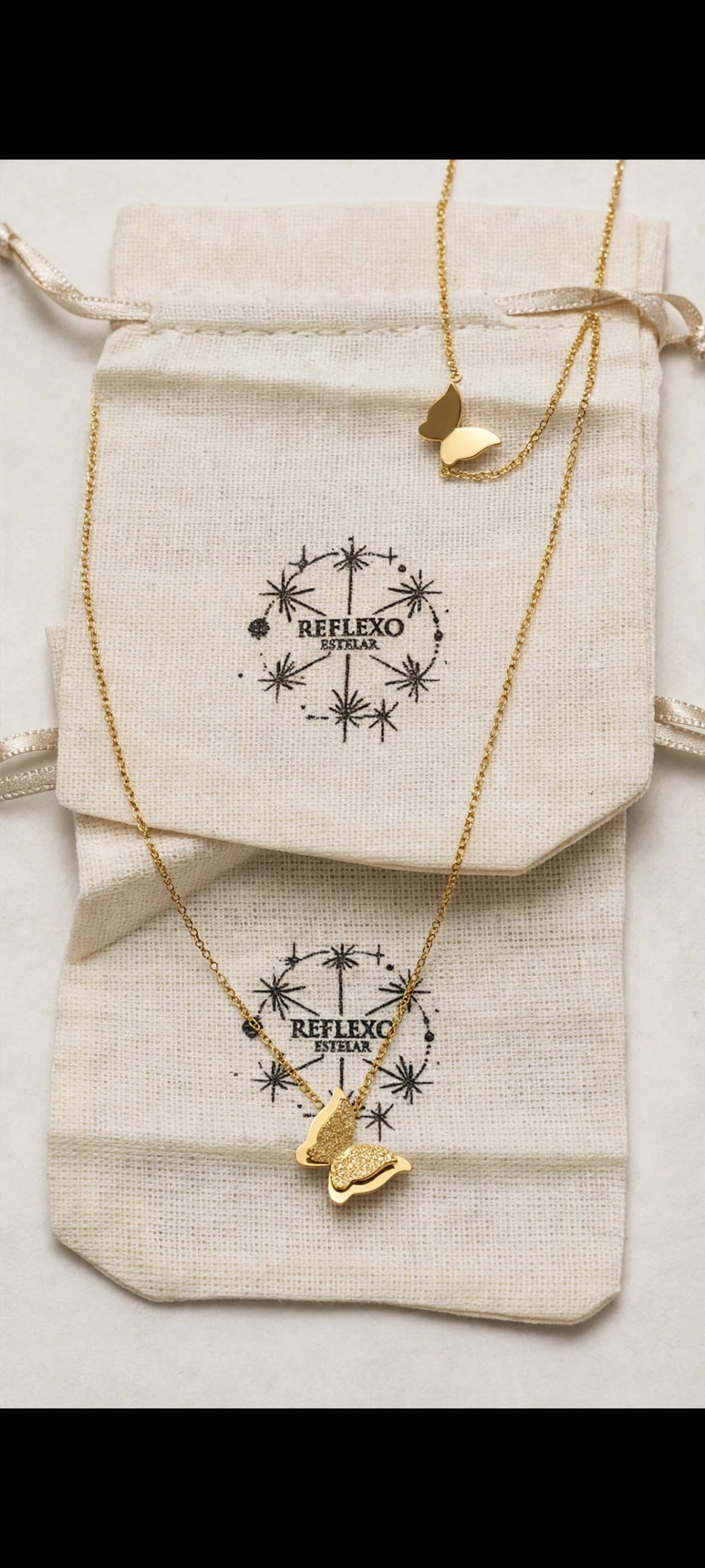 Colar Borboleta Dupla Efeito Glitter Banhado a Ouro